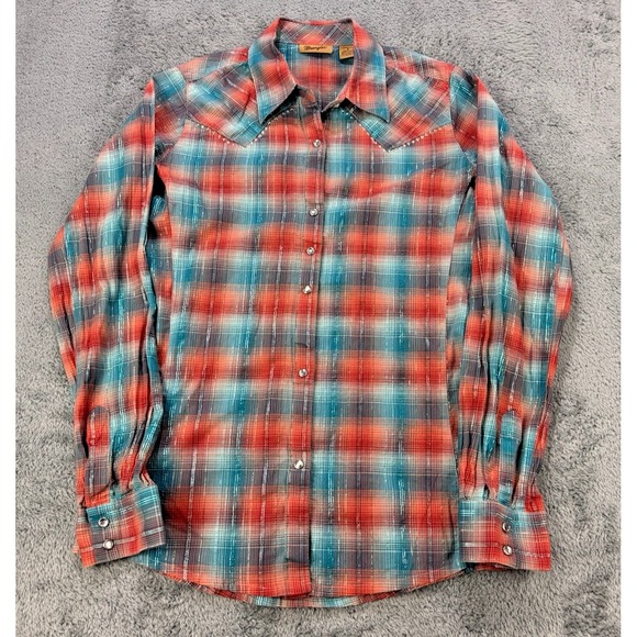 Wrangler Tops - Wrangler Button Up Shirt Women S Rust Blue Metallic‎ Plaid Embellished Cowboy
